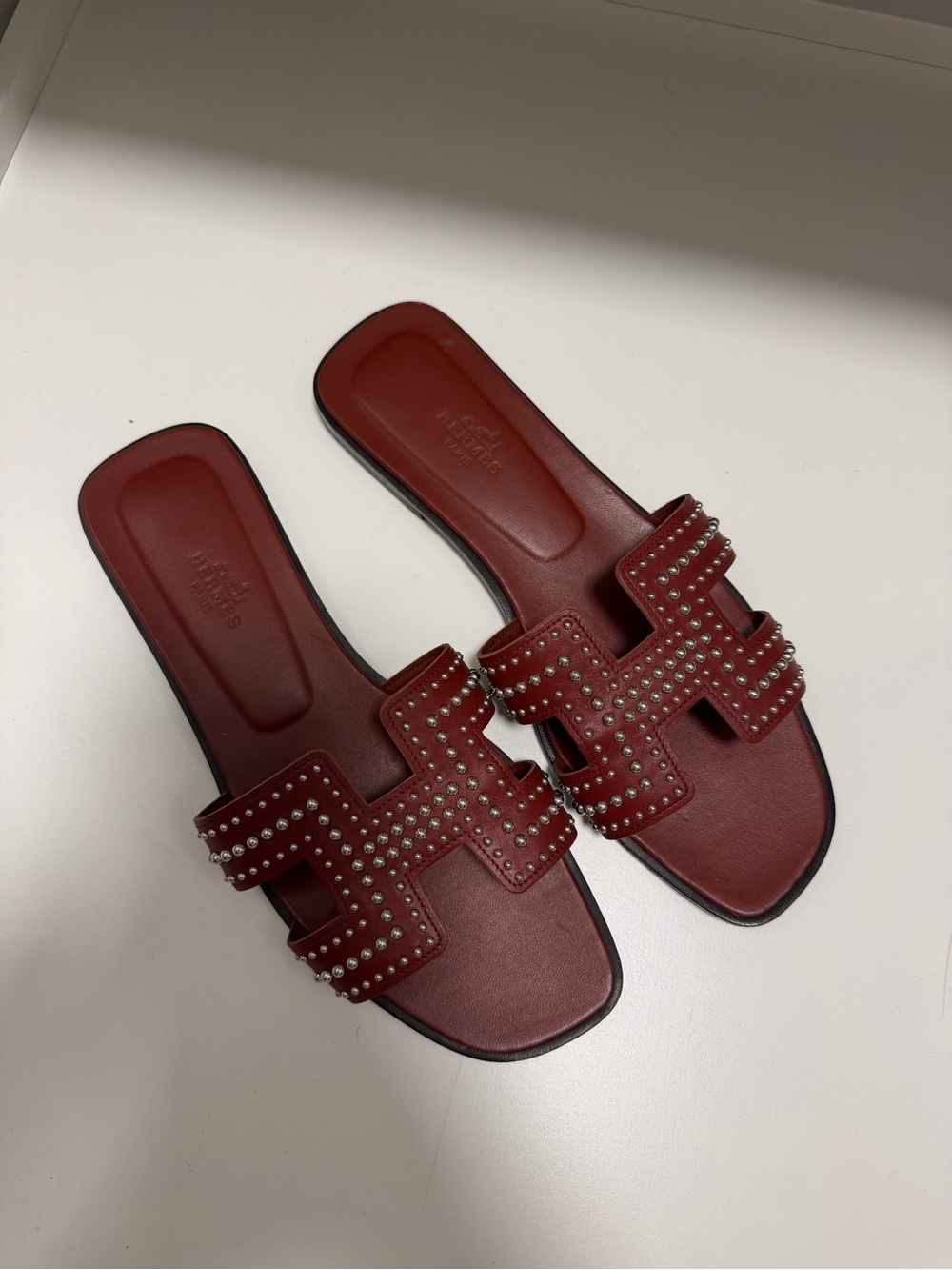 Hermes Burgundy Studded H-strap Leather Slide Sandals
